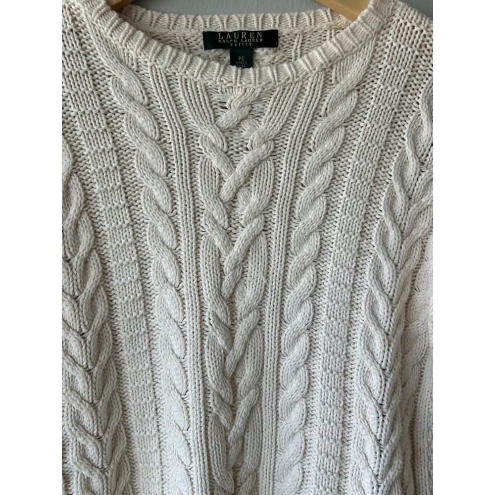 Lauren Ralph Lauren Petite Cable Knit Cotton Sweater Cream PS Fisherman Crewneck - Picture 2 of 6